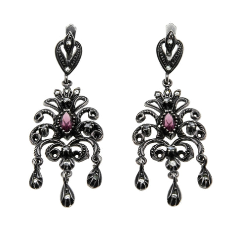 Go Baroque - Art Deco Spanish Sterling Silver Amethyst & Diamond Paste Chandelier Earrings (ADE042)