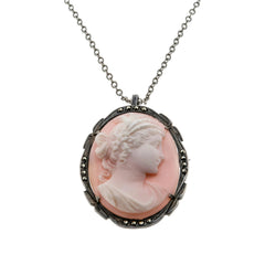 Age Of Innocence - Edwardian 900 European Silver Natural Carved Angel Skin Coral Cameo & Rose Cut Marcasite Pendant/Brooch (EDP037)