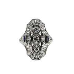 Deco Artistry - Art Deco Platinum Natural 'Old European Cut' Diamond & Sapphire Shield Ring  (ADR300)