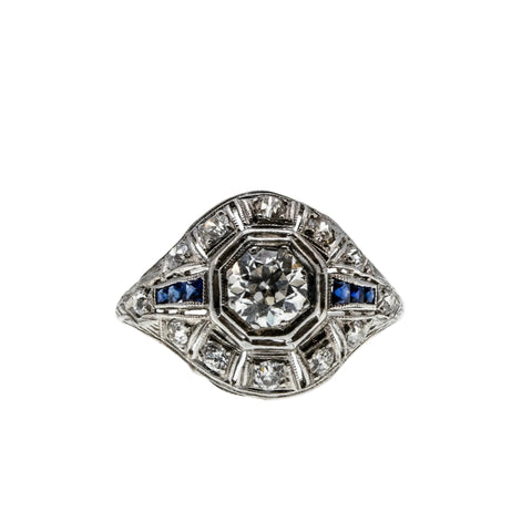 1920s Rarity - Art Deco Platinum Natural Old European Cut Diamond & Sapphire Ring (ADR301)