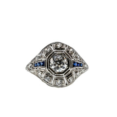 Deco Rarity - Art Deco Platinum Natural Old European Cut Diamond & Sapphire Ring (ADR301)