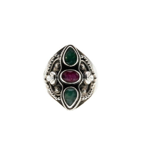 Wearable Art - Vintage Sterling Silver Natural Ruby & Emerald Artisan Ring (VR1143)