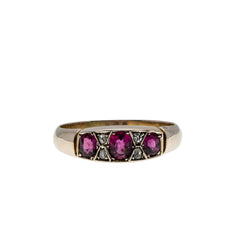 Crimson Trio - Victorian European 8K Gold Natural Ruby & Old Mine Cut Diamond Ring (VICR188)