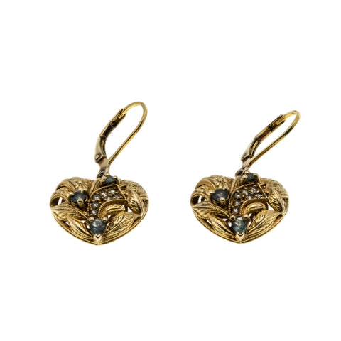 Jewelled Hearts - Vintage Signed 'Generations 1912' Gold Plated Sterling Silver Natural Green Fluorite & White Topaz Dangly Earrings (VE543)
