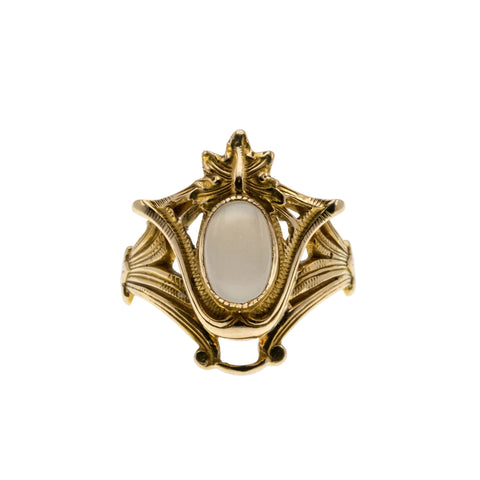 Moonstruck - Victorian French Art Nouveau 14K Gold Natural Ceylon White Moonstone Ring (VICR190)