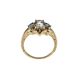 Sea & Sky - Vintage 14K Gold Natural Aquamarine, Blue Topaz & Diamond Engraved Ring (VR1150)