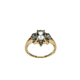 Sea & Sky - Vintage 14K Gold Natural Aquamarine, Blue Topaz & Diamond Engraved Ring (VR1150)