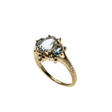 Sea & Sky - Vintage 14K Gold Natural Aquamarine, Blue Topaz & Diamond Engraved Ring (VR1150)
