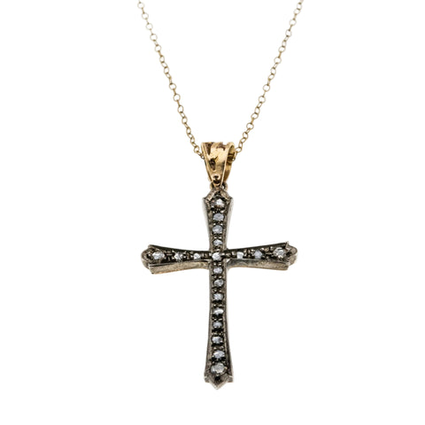 Faith & Devotion - Edwardian Spanish 18K Gold & Silver Rose Cut Diamond Cross Pendant  & 14K GF Chain (EDP038)