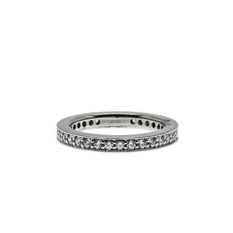 Art Carved - Vintage Rhodium, Plated Sterling Silver Cubic Zirconia Milgrain Eternity Band Ring (VR1155)