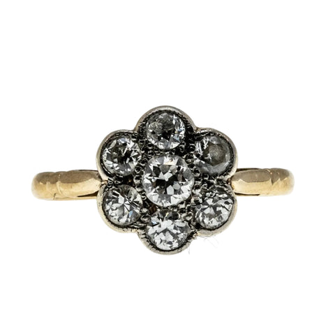 Sparkling Daisy - Edwardian English 18K Gold Natural 'Old European Cut' Diamond Daisy Flower Ring (EDR106)