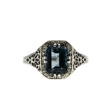 Sea Of Blue - Estate Sterling Silver Natural London Blue Topaz Filigree Ring (ER454)