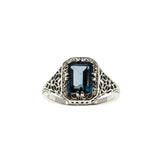 Sea Of Blue - Estate Sterling Silver Natural London Blue Topaz Filigree Ring (ER454)