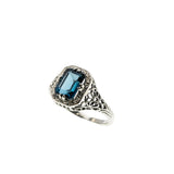 Sea Of Blue - Estate Sterling Silver Natural London Blue Topaz Filigree Ring (ER454)