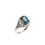 Sea Of Blue - Estate Sterling Silver Natural London Blue Topaz Filigree Ring (ER454)