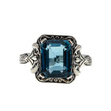 Ocean Blue - Estate Sterling Silver Natural London Blue Topaz Engraved Ring (ER455)