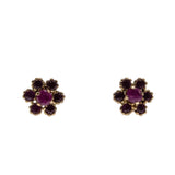 Crimson Daisies - Vintage English 9K Gold Natural Ruby Flower Stud Earrings (VE557)