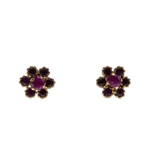 Crimson Daisies - Vintage English 9K Gold Natural Ruby Flower Stud Earrings (VE557)