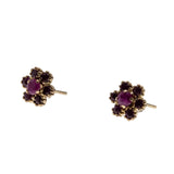Crimson Daisies - Vintage English 9K Gold Natural Ruby Flower Stud Earrings (VE557)