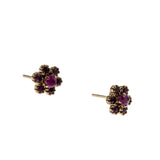 Crimson Daisies - Vintage English 9K Gold Natural Ruby Flower Stud Earrings (VE557)