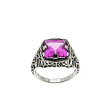 Pink Radiance - Estate Sterling Silver Lab Created Pink Sapphire Filigree Ring (ER456)