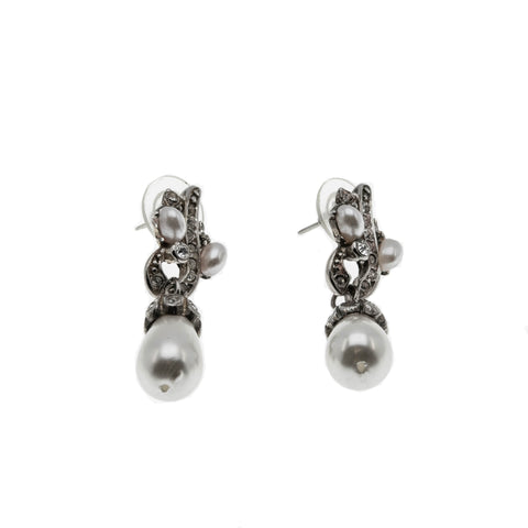 White Wedding - Vintage Silver Toned Crystal Rhinestone & Faux Pearl Dangly Earrings (VE401)