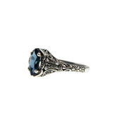 Marquise Classic - Estate Sterling Silver Natural London Blue Topaz Filigree Engraved Ring (ER459)