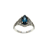 Marquise Classic - Estate Sterling Silver Natural London Blue Topaz Filigree Engraved Ring (ER459)