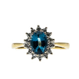 Moonlight Sonata - Vintage English 18K Gold Natural London Blue Topaz & Diamond Cluster Ring (VR1164)