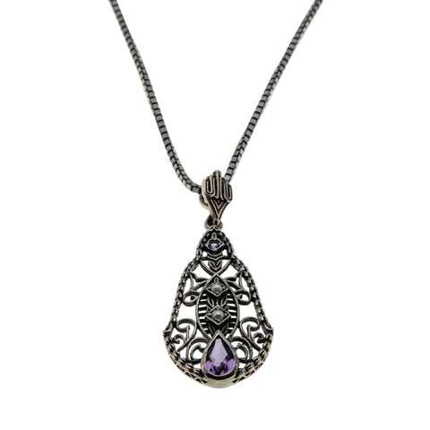 Lavender By The Sea - Estate Sterling Silver natural Amethyst & Seed Pearl Pendant & Chain (EP083)