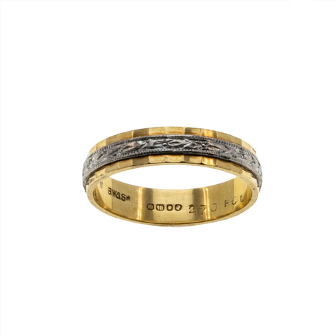 I Thee Wed - Vintage English 18K Yellow & White Gold Engraved  Wedding Band Ring (VR914)