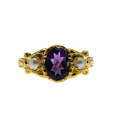 Amethyst Royale - Estate 24K Gold Over Sterling Silver Natural Purple Amethyst & Pearl Scroll Ring (ER460)