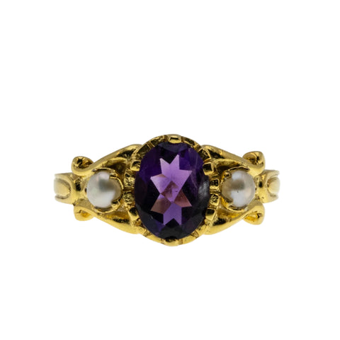 Amethyst Royale - Estate 24K Gold Over Sterling Silver Natural Purple Amethyst & Pearl Scroll Ring (ER460)