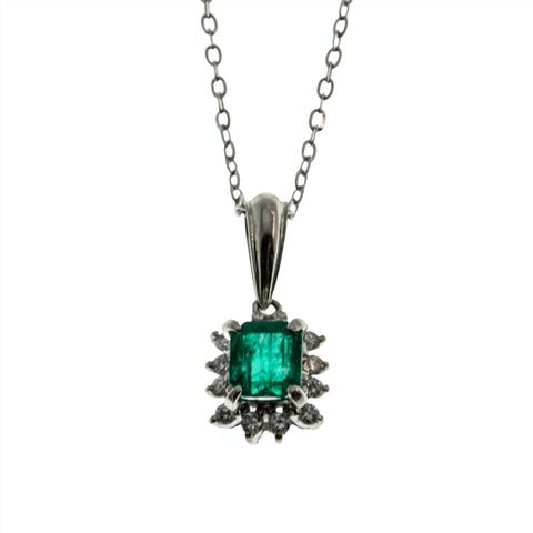 Emerald Isles - Vintage Platinum Columbian Emerald & Diamond Pendant & 14K White Gold Chain (VP215)