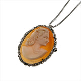 Portrait Of A Lady - Art Deco 800 European Silver Carved Conch Shell Cameo & Rose Cut Marcasite Pendant/Brooch (ADP018)