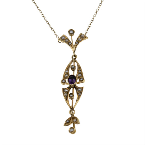 Lavender By The Sea - Victorian 14K Gold Natural Amethyst & Seed Pearl Lavalier Necklace (VICN050)