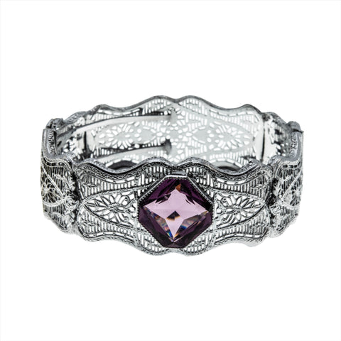 Fantasy & Lace - Art Deco Rhodium Plated Amethyst Crystal  Filigree Bangle Bracelet (ADB016)