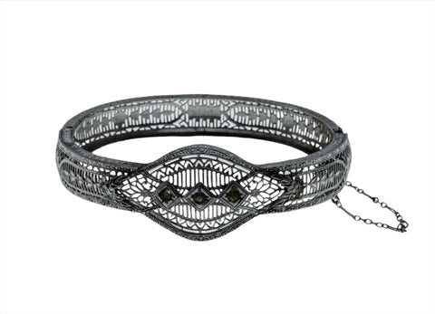Jewels & Lace - Art Deco Rhodium Plated Paste Filigree Bangle Bracelet (ADB017)