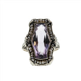 Rose De France - Art Deco 14K White Gold Natural Amethyst & Seed Pearl Filigree Ring (ADR249)