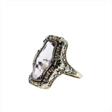 Rose De France - Art Deco 14K White Gold Natural Amethyst & Seed Pearl Filigree Ring (ADR249)