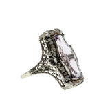 Rose De France - Art Deco 14K White Gold Natural Amethyst & Seed Pearl Filigree Ring (ADR249)