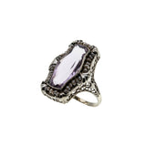 Rose De France - Art Deco 14K White Gold Natural Amethyst & Seed Pearl Filigree Ring (ADR249)