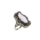 Rose De France - Art Deco 14K White Gold Natural Amethyst & Seed Pearl Filigree Ring (ADR249)