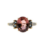 English Rose - Vintage 9K Gold Natural Pink Tourmaline, Aquamarine & Diamond Ring (VR1165)