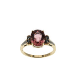 English Rose - Vintage 9K Gold Natural Pink Tourmaline, Aquamarine & Diamond Ring (VR1165)