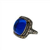 Ocean Starlight - Art Deco 14K Gold Sugar Loaf Sapphire Glass Natural Seed Pearl Filigree Ring (ADR250)