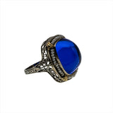 Ocean Starlight - Art Deco 14K Gold Sugar Loaf Sapphire Glass Natural Seed Pearl Filigree Ring (ADR250)