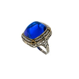 Ocean Starlight - Art Deco 14K Gold Sugar Loaf Sapphire Glass Natural Seed Pearl Filigree Ring (ADR250)