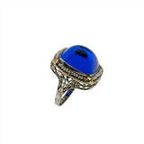 Ocean Starlight - Art Deco 14K Gold Sugar Loaf Sapphire Glass Natural Seed Pearl Filigree Ring (ADR250)