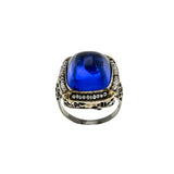 Ocean Starlight - Art Deco 14K Gold Sugar Loaf Sapphire Glass Natural Seed Pearl Filigree Ring (ADR250)